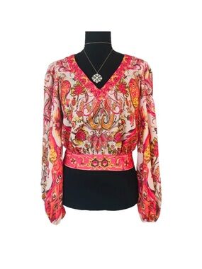 A PEACH ~ Vibrant Pink Paisley Floral Long Sleeve Backless V-Neck Top size S